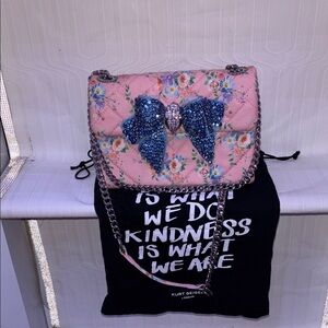 Kurt Geiger The Kensington Pink Floral Quilted Crossbody with Sparkling Blue Bow